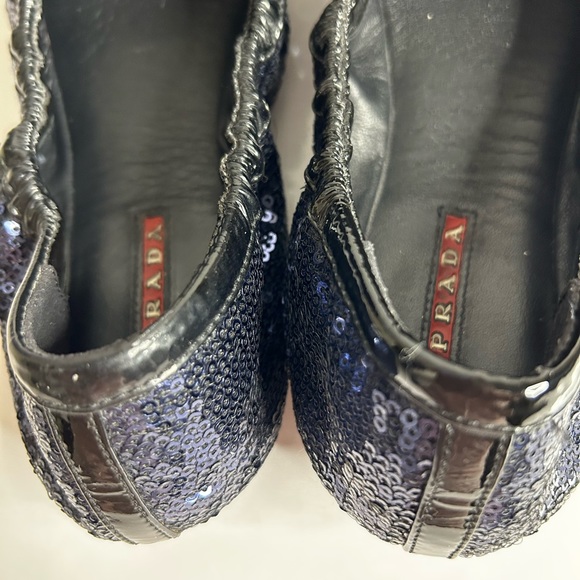 PRADA RARE BALLET FLATS SEQUENCE GLITTER BLACK Genuine  PATENT SATIN BOW - Picture 15 of 15